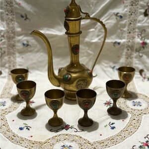 Vintage Brass Mini 8” Tea Set with Carafe and Cups